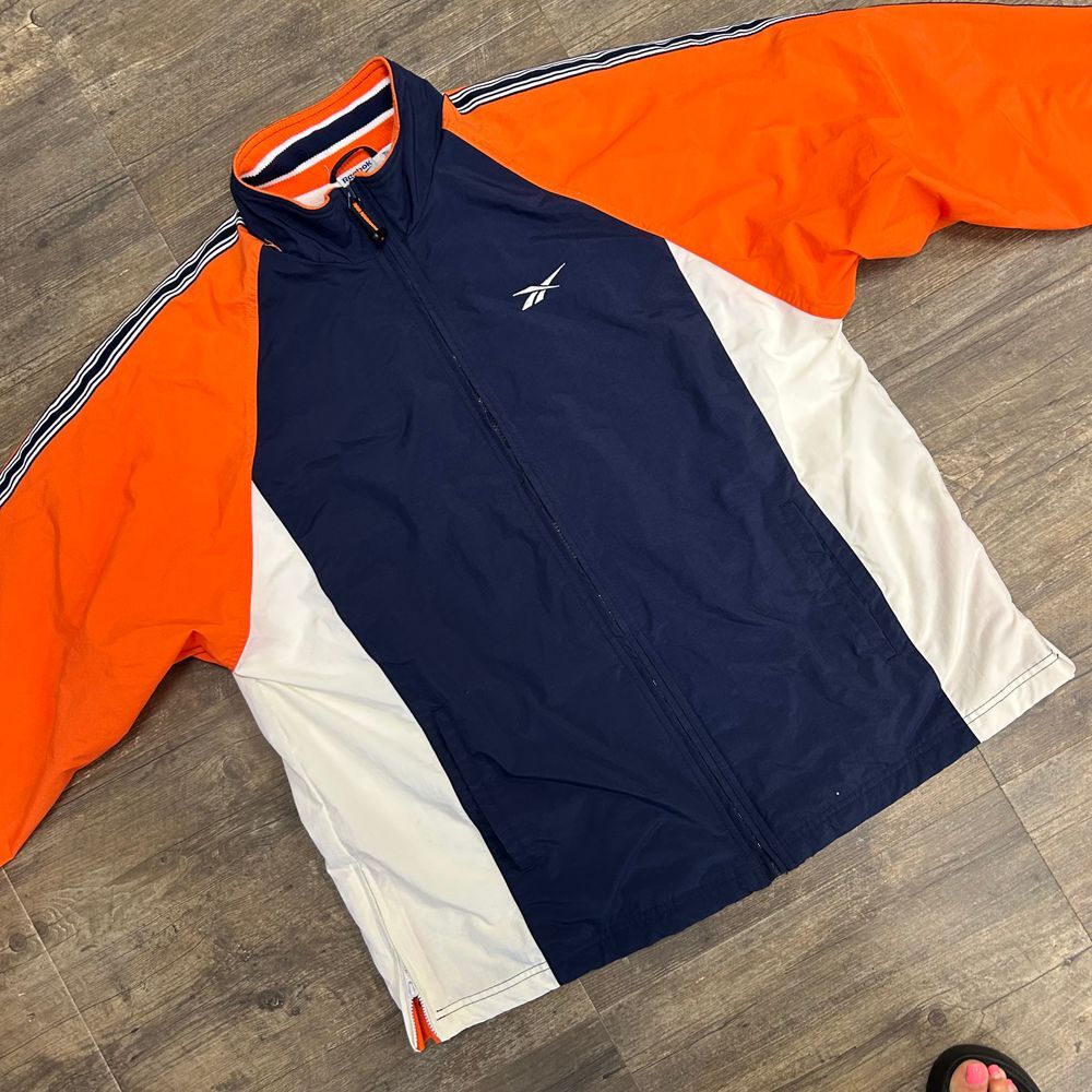 Vintage Reebok Lined Windbreaker Jacket Men Size Large Navy Blue Orange
